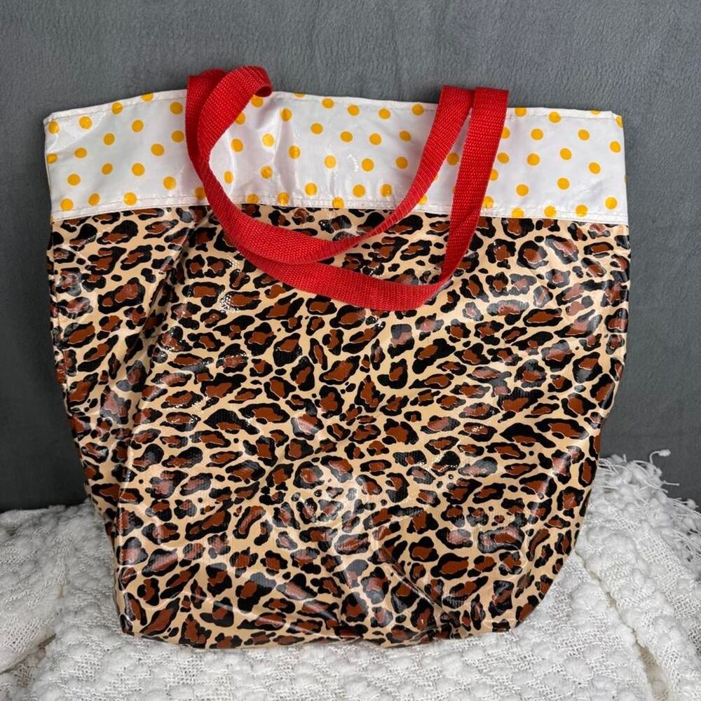 Leopard Print Polka Dot Tote Bag Red Handle